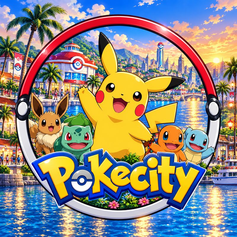 Pokecity logo: Pikachu and friends inside a Pokéball frame