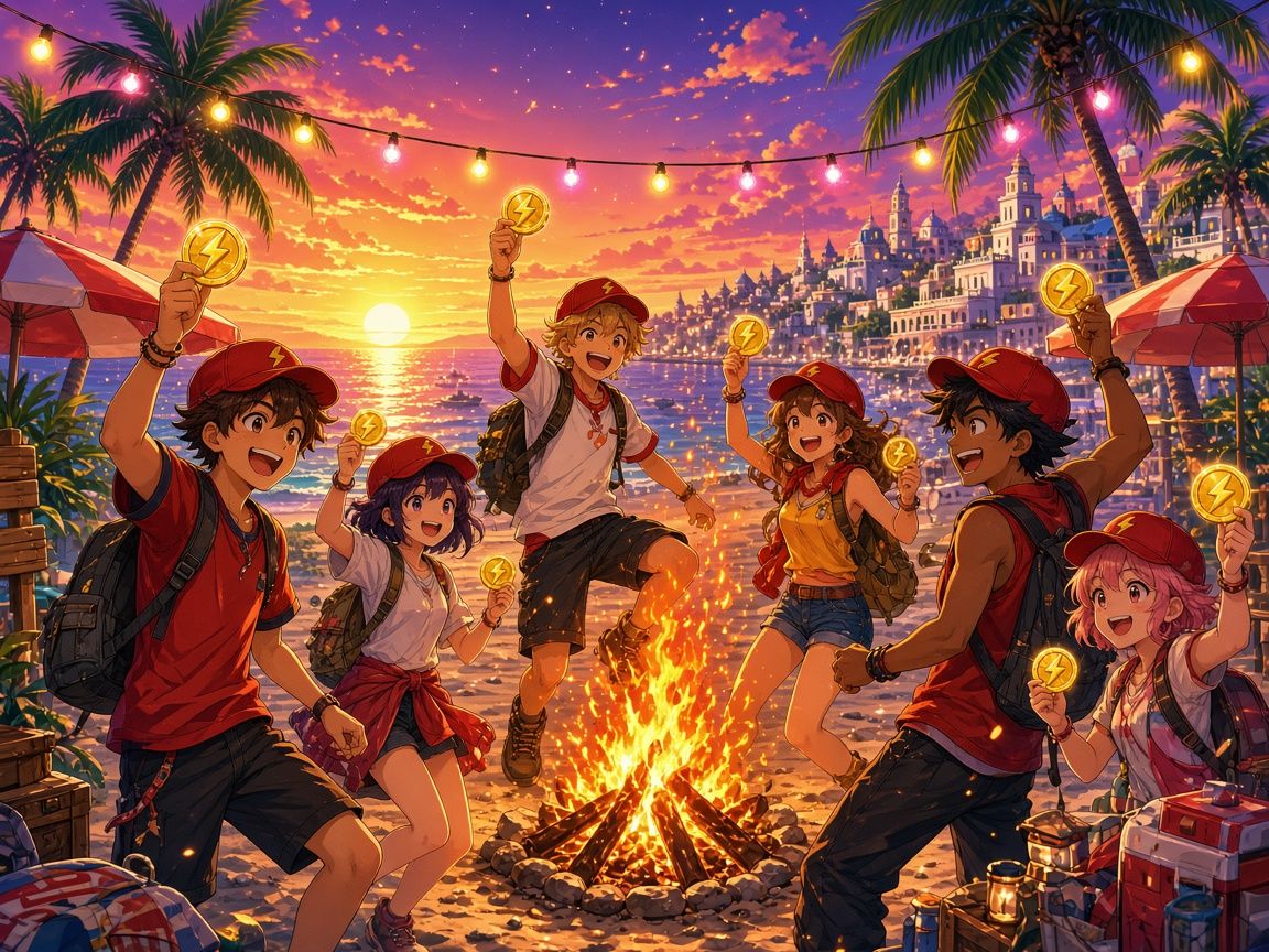 Friends holding gold coins at a sunset beach party