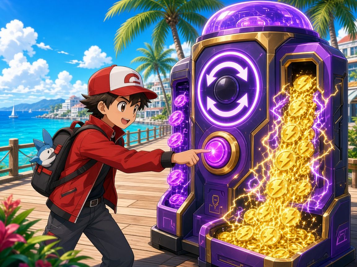 A trainer pressing a swap machine that turns coins into gold lightning coins
